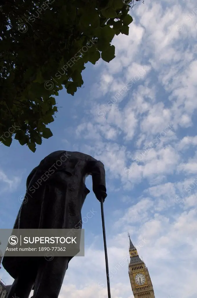 Statue of Winston Churchill and Big Ben, Westminster, London, England, United Kingdom, Europe