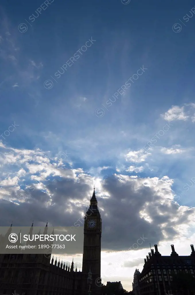 Big Ben silhouetted against the early morning sky, Westminster, London, England, United Kingdom, Europe