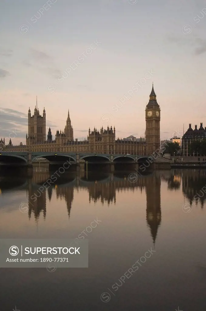 Westminster Bridge, Big Ben and the Houses of Parliament reflected in the calm water of the River Thames, London, England, United Kingdom, Europe