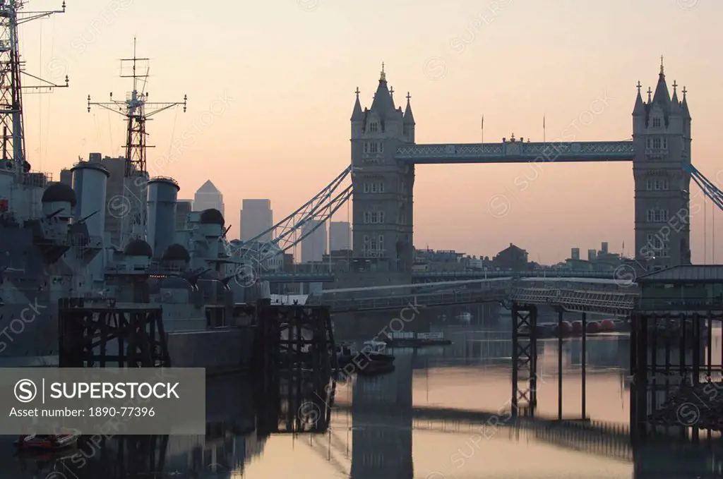 Tower Bridge, HMS Belfast and the River Thames in the early morning, London, England, United Kingdom, Europe
