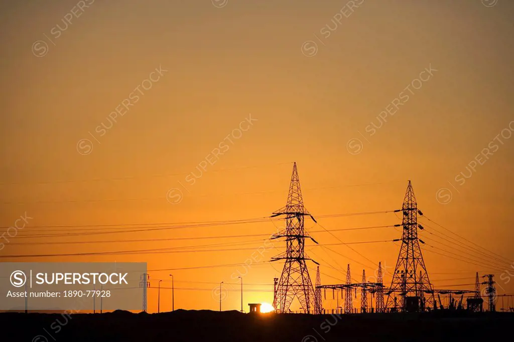 Electricity pylons, Egypt, North Africa, Africa