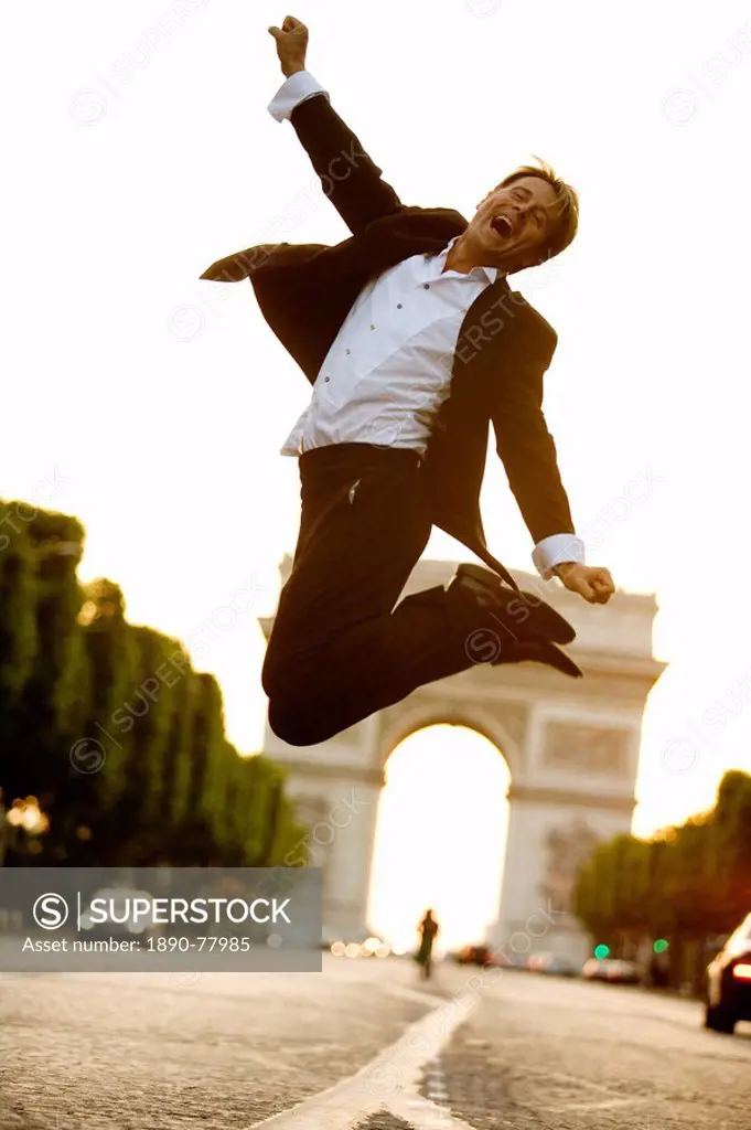 Man jumping, Champs Elysees, Paris, France, Europe