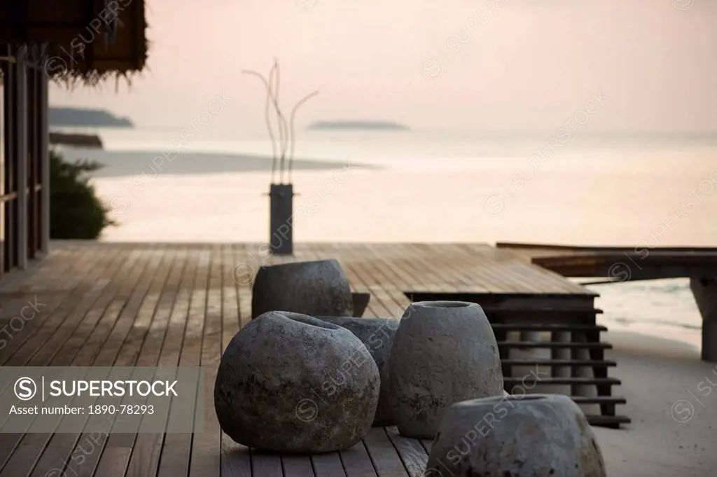 Rocks on jetty, Four Seasons, Maldives, Indian Ocean, Asia