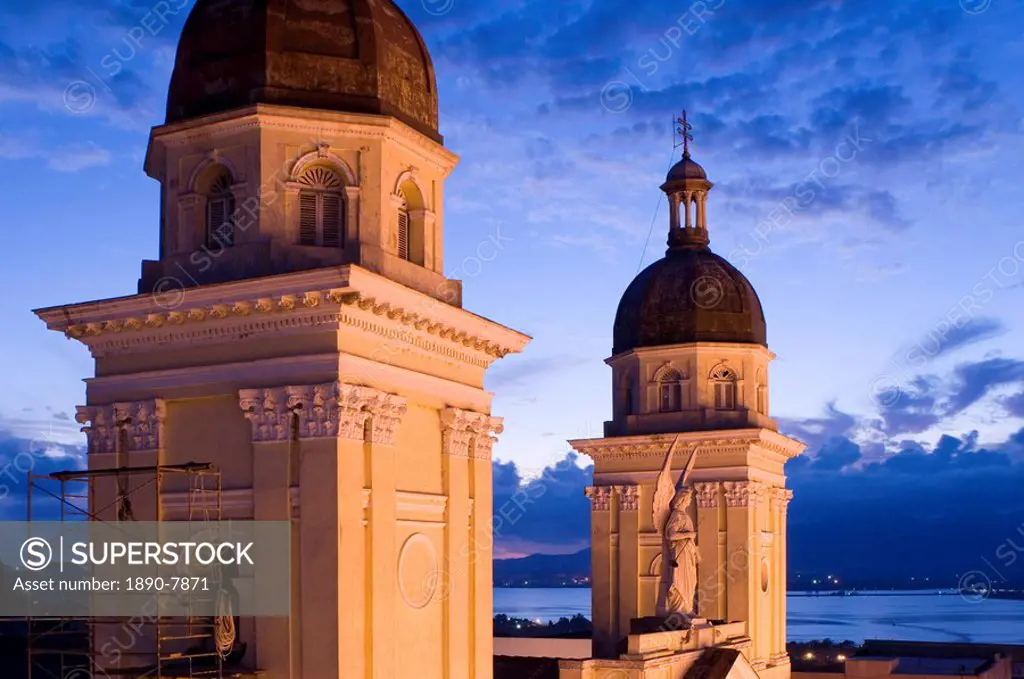 A view of the Catedral de Nuestra Senora de la Asuncion at dusk, Santiago de Cuba, Cuba, West Indies, Central America