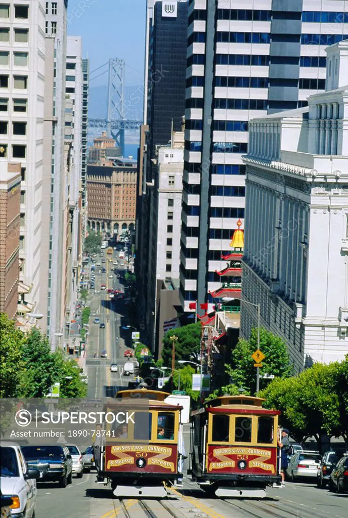 Two trams on California Street, San Francisco, USA