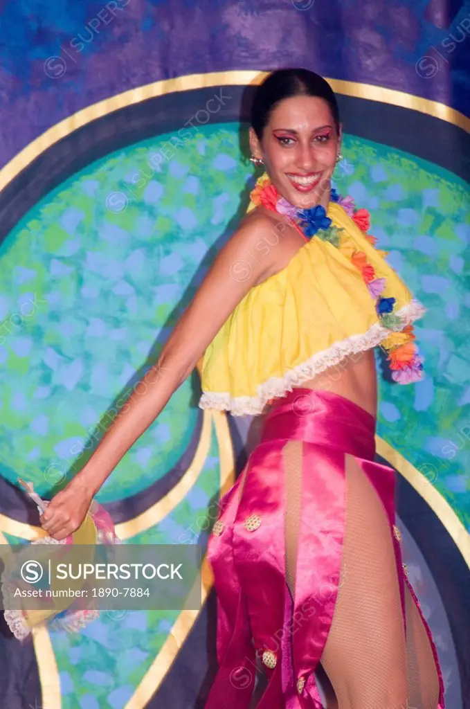 A dancer performing at the Melia Rio de Oro Hotel, Playa Esmeralda, Guardalavaca, Cuba, West Indies, Central America