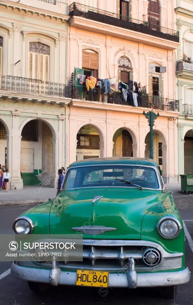 A vintage American Chevrolet on the Prado, Central Havana, Havana, Cuba, West Indies, Central America