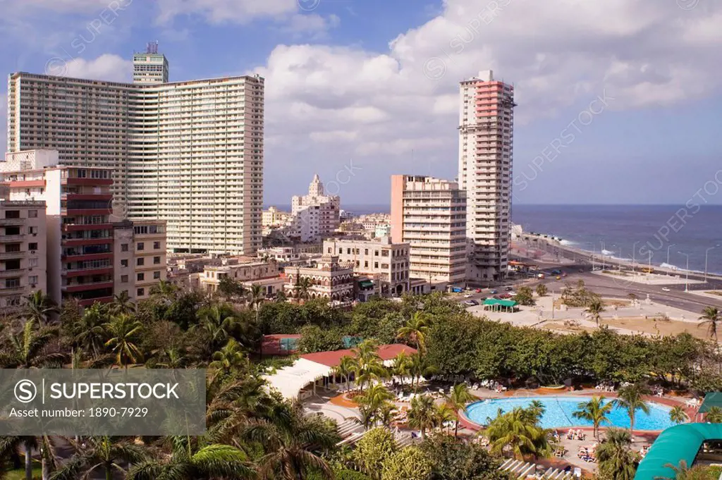 A view of the Havana skyline including the Habana Libre Hotel taken from the Nacional Hotel, Havana, Cuba, West Indies, Central America