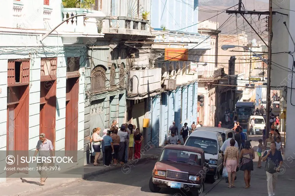 Calle Felix Pena, a busy shopping street in central Santiago de Cuba, Cuba, West Indies, Central America