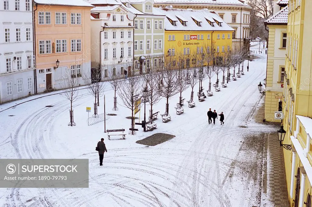 Snow covering Na Kampe Square, Kampa Island, Mala Strana suburb, Prague, Czech Republic, Europe