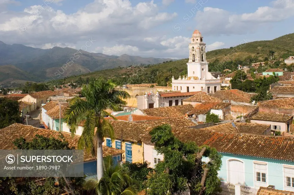 An elevated view of the terracotta roofs and the belltower of the Iglesia y Convento de San Francisco, Trinidad, UNESCO World Heritage Site, Cuba, Wes...