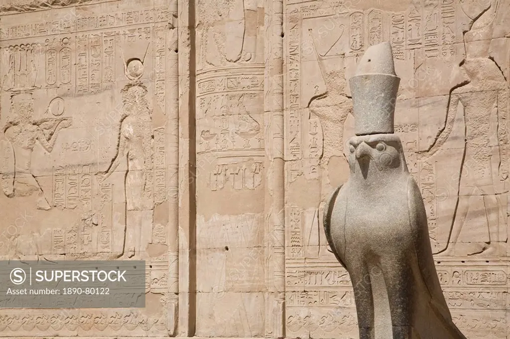 Statue of the falcon, sacred bird of Horus, at the entrance of the Temple of Edfu, Egypt, North Africa, Africa