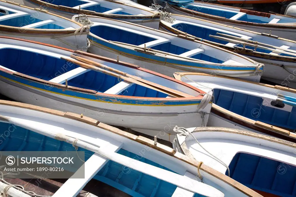 Boats for the visit to the famous Blue Grotto, Capri, Bay of Naples, Italy, Europe