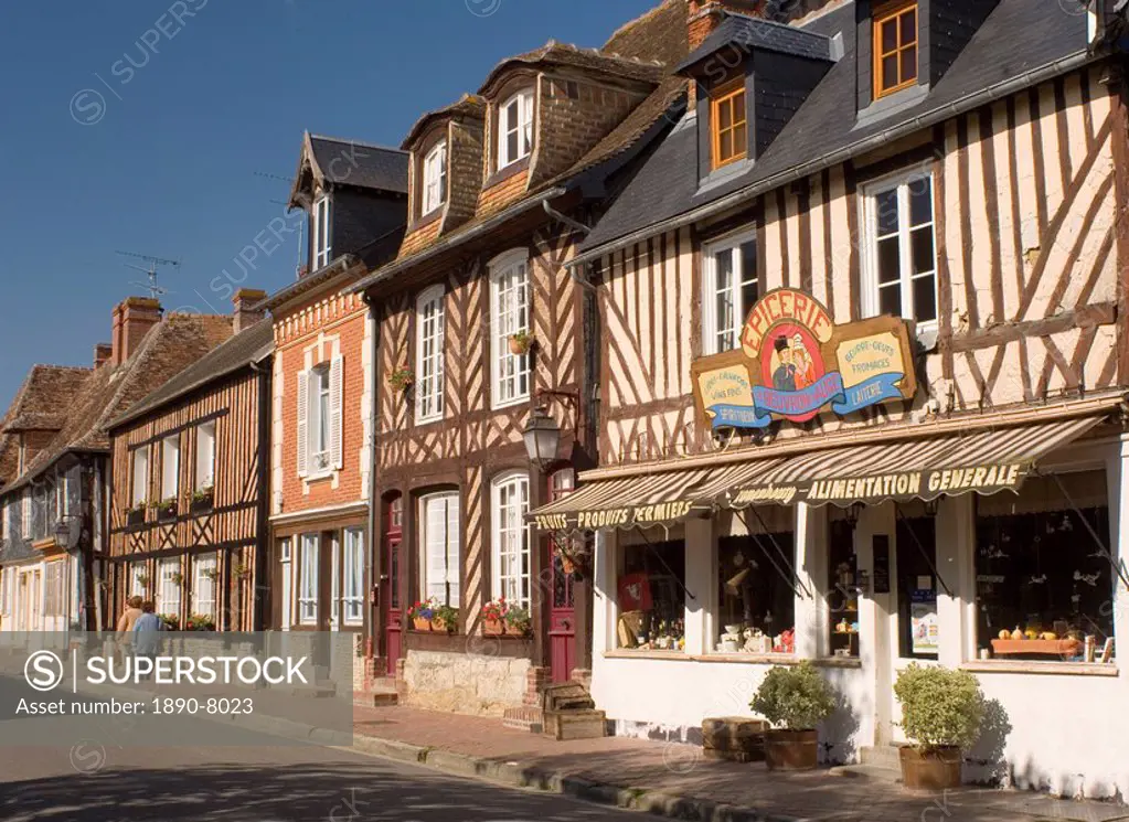 Colourful half timbered houses and shop fronts in Beauvron en Auge, Normandy, France, Europe