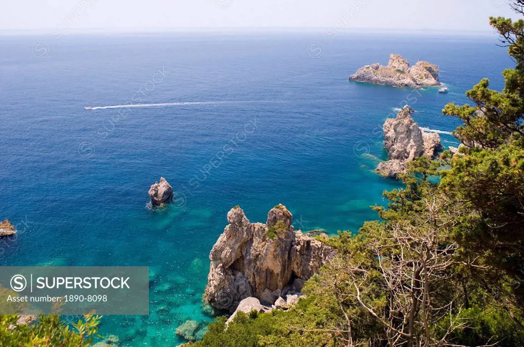 Dramatic steep cliffs and sea at Paleokastritsa, west coast, Corfu, Ionian Islands, Greek Islands, Greece, Europe