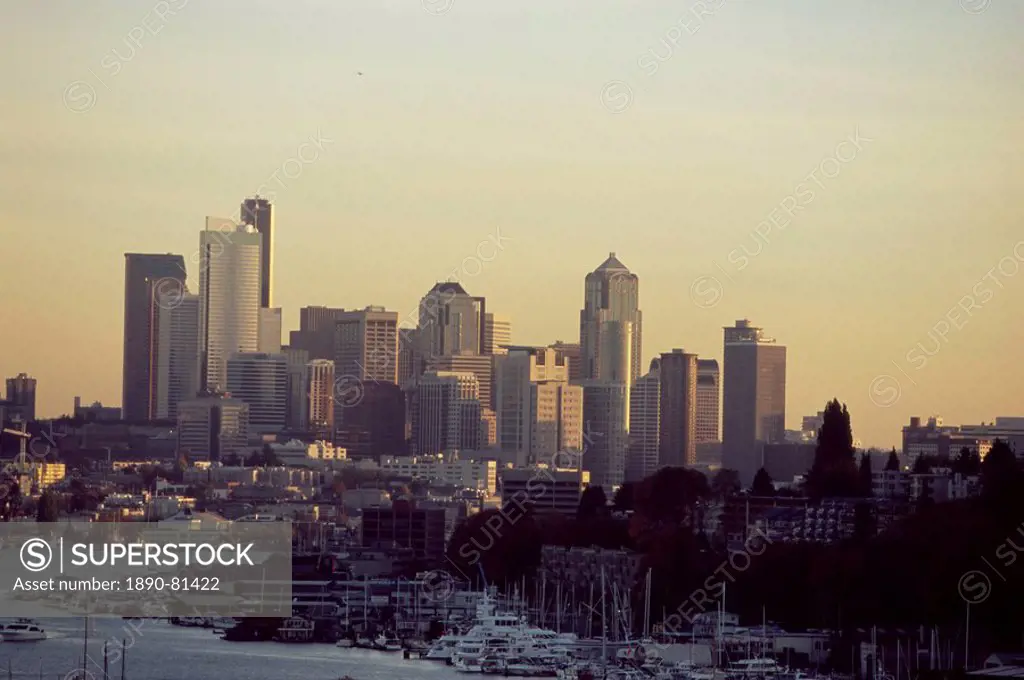 City skyline at sunset, Seattle, Washington, United States of America, North America