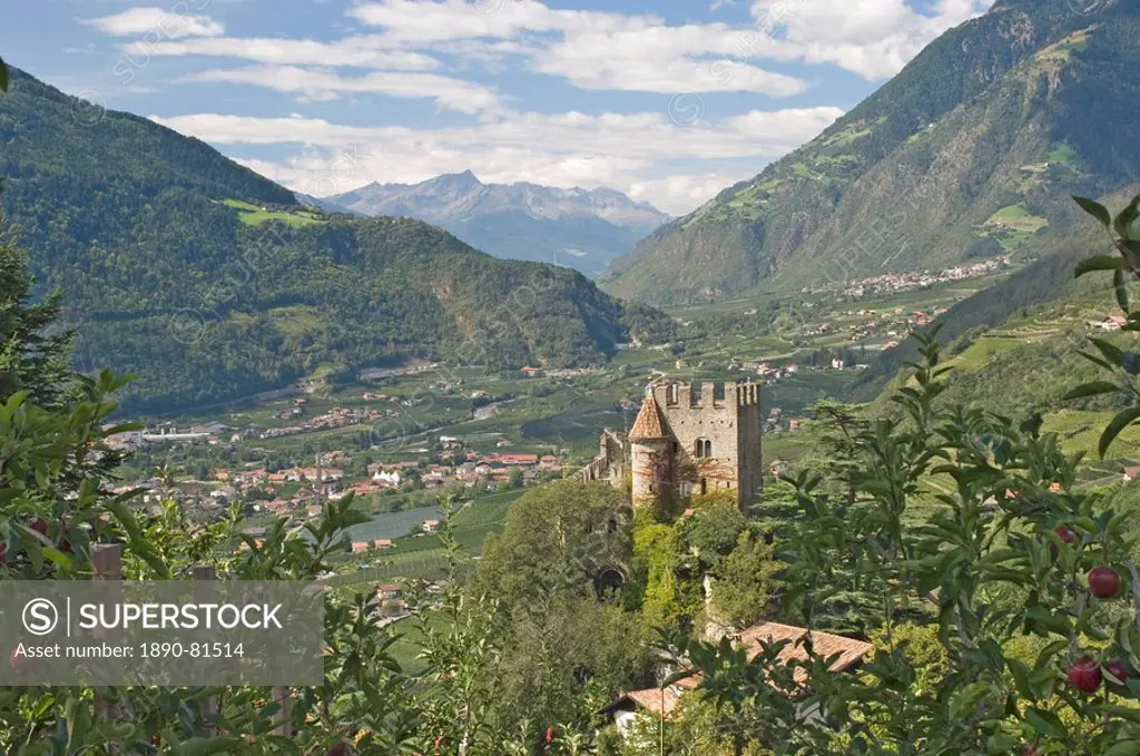 Brunnenburg Castle, now a museum, sometime home of Ezra Pound, and the view towards the Reschen Pass and Austria, Dorf Tyrol, Merano, Sud Tyrol South ...