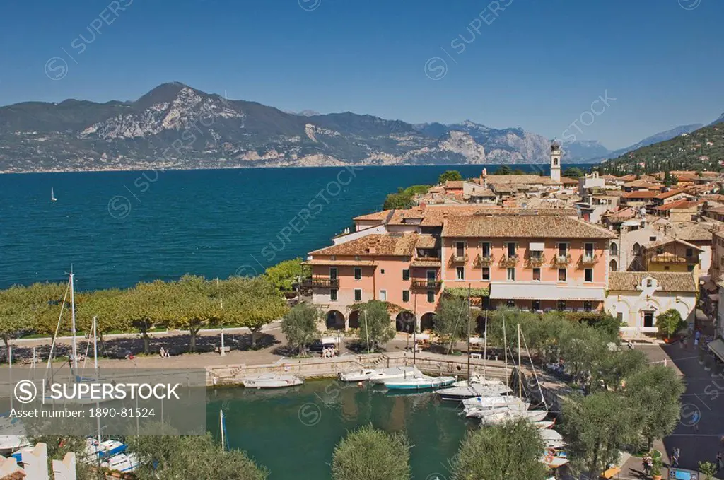 View from the castle ramparts of the harbour and town of Torre del Benaco Torri del Benaco, Lake Garda, Veneto, Italian Lakes, Italy, Europe