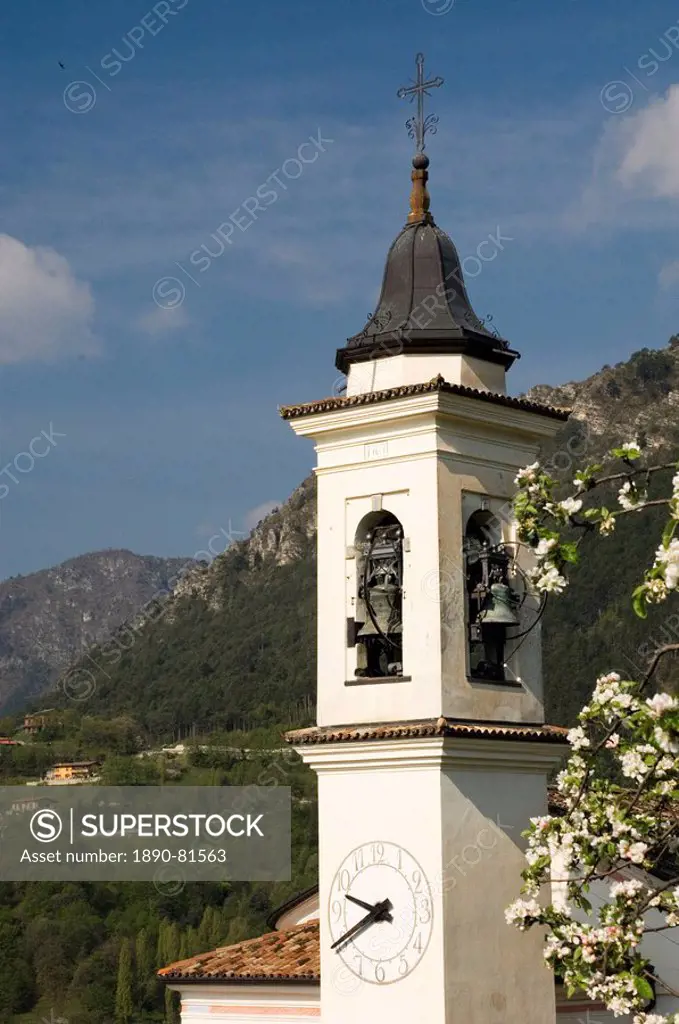 The Campanile of a village church in the mountains above Limone, Lake Garda, Lombardy, Italy, Europe