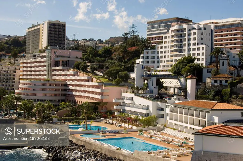 High rise hotels along the coast west of Funchal, Madeira, Portugal, Europe