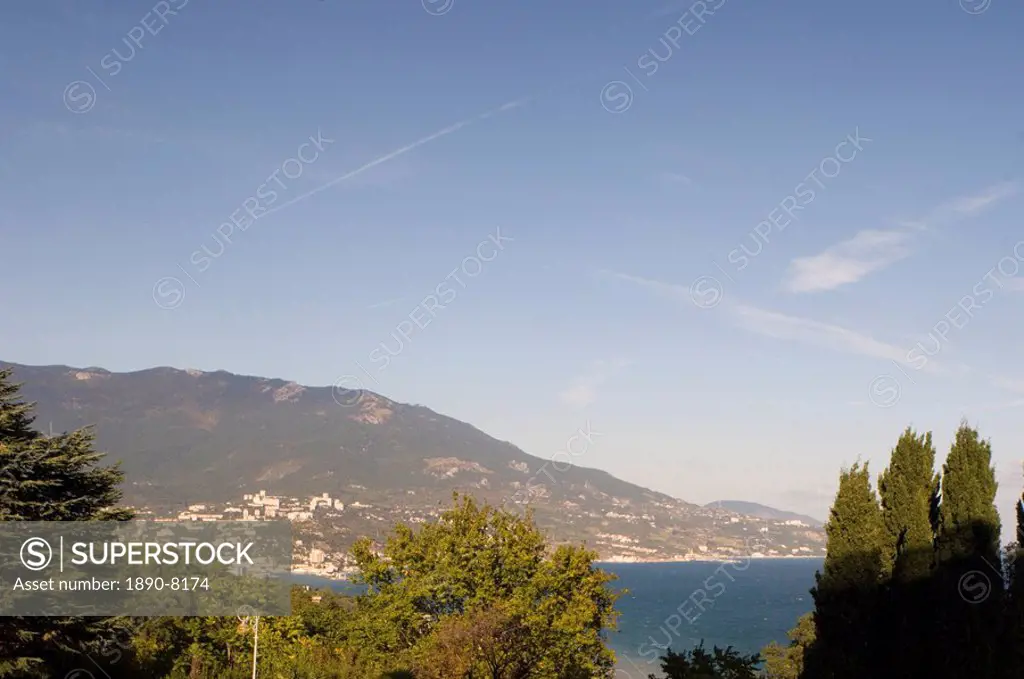 A view over the Black Sea from the garden at the Livadia Palace, Yalta, Crimea, Ukraine, Europe