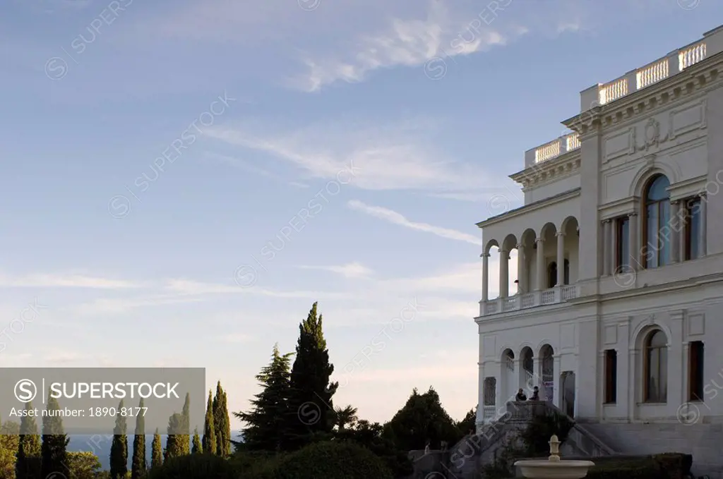 The Livadia Palace and a view over the garden to the Black Sea, Yalta, Crimea, Ukraine, Europe