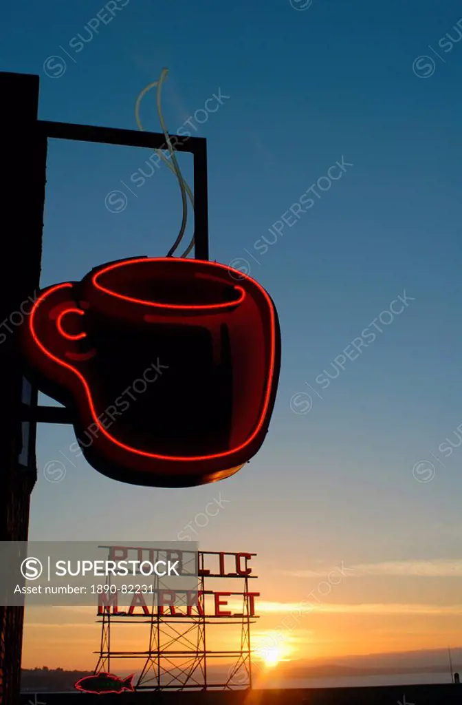 Neon sign for coffee, Post Alley, Seattle, Washington State, United States of America, North America