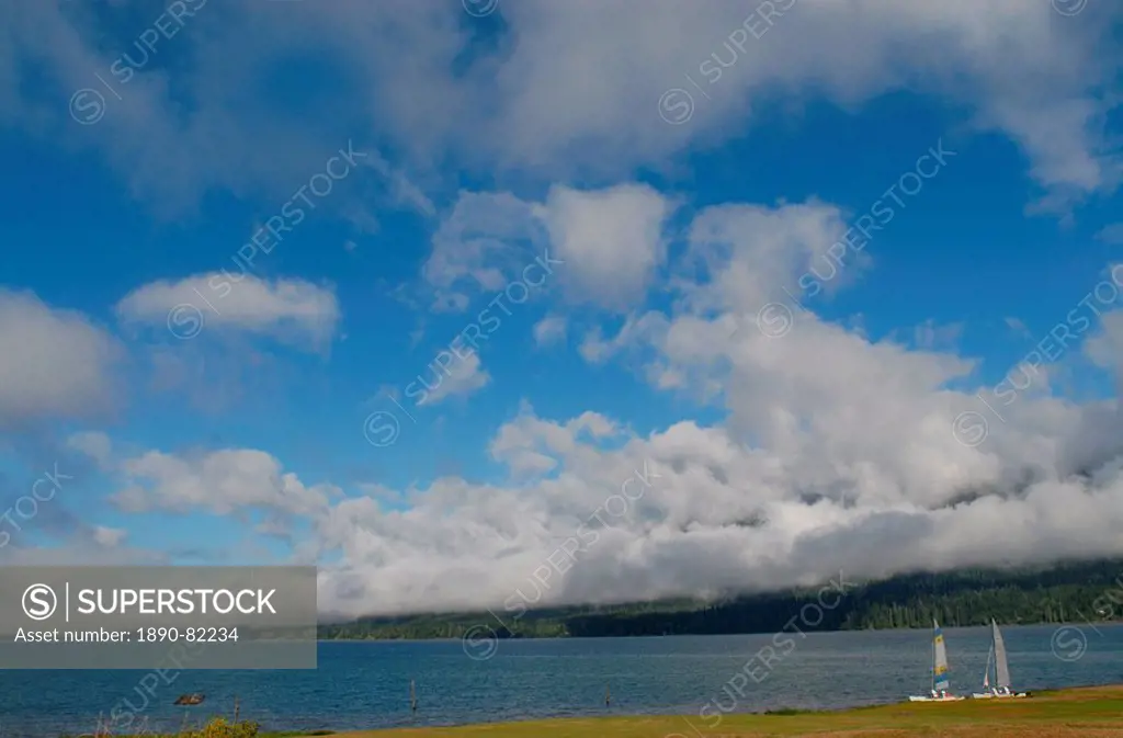 Two sail boats wait on the shore of Lake Quinault, Olympic National Park, Washington State, United States of America, North America