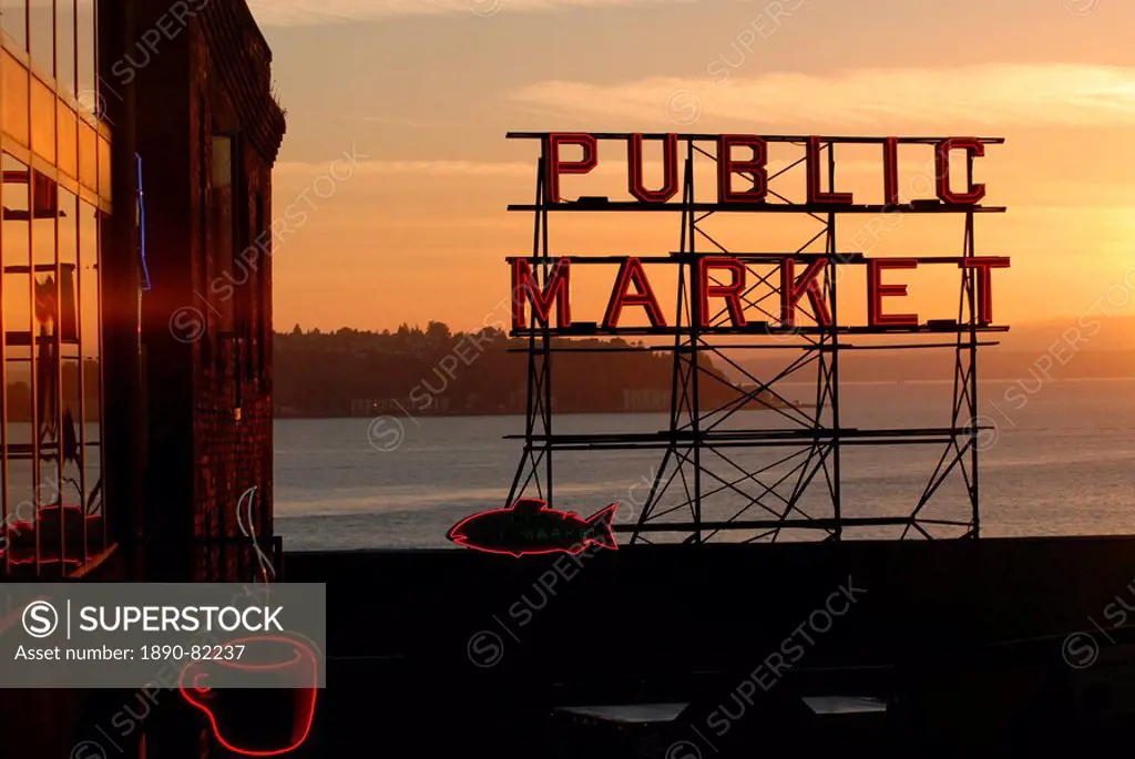 Pike Place market and Puget Sound, Seattle, Washington State, United States of America, North America