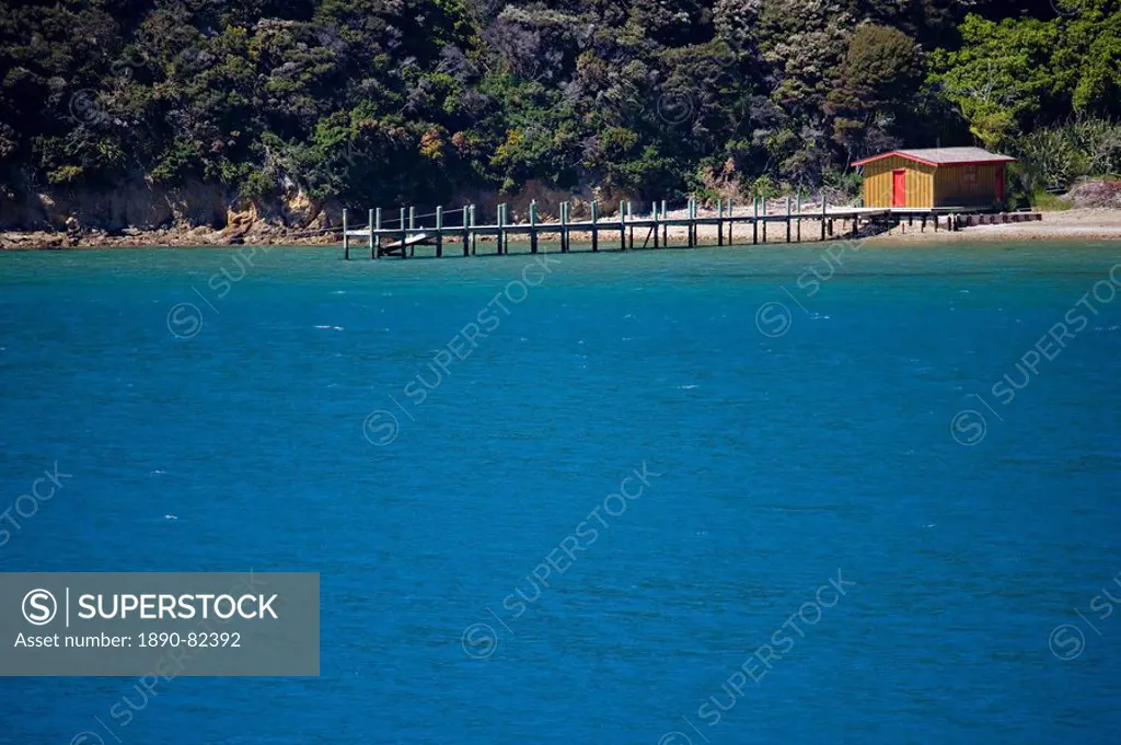 Boat shed and jetty, Marlborough Sounds, South Island, New Zealand, Pacific