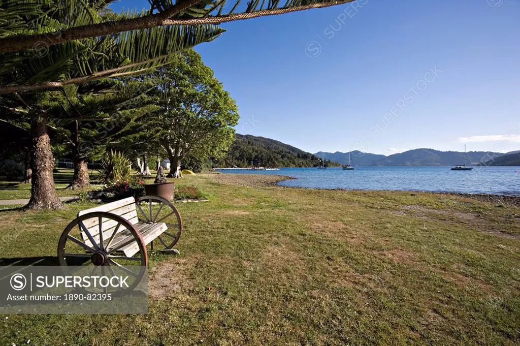 Seat at Furneaux Lodge, Marlborough Sounds, South Island, New Zealand, Pacific