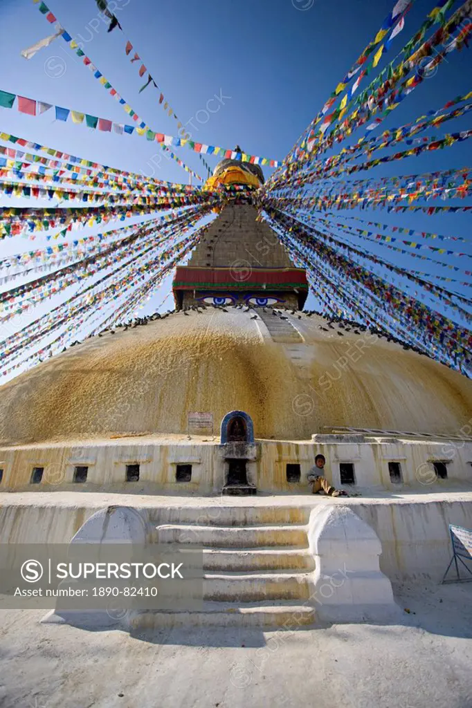 Buddhist stupa known as Boudha at Bodhanath, Kathmandu, Nepal. Taken at Lhosar, the Tibetan new year, hence the abundance of new prayer flags.