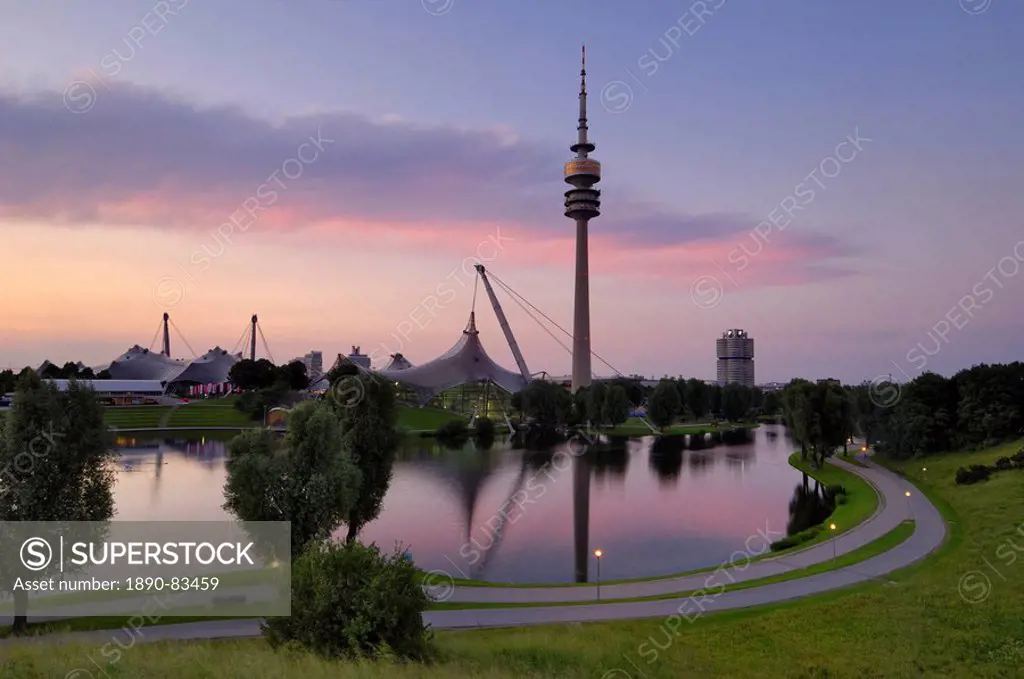 Olympiapark and Olympiaturm TV tower at dusk, Munich Munchen, Bavaria, Germany, Europe