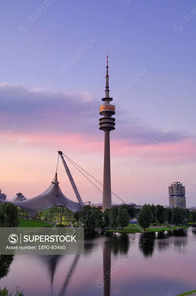 Olympiapark and Olympiaturm TV tower at dusk, Munich Munchen, Bavaria, Germany, Europe