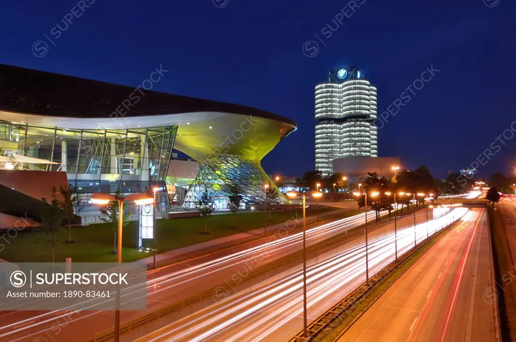 BMW Welt and Headquarters illuminated at night, Munich Munchen, Bavaria, Germany, Europe