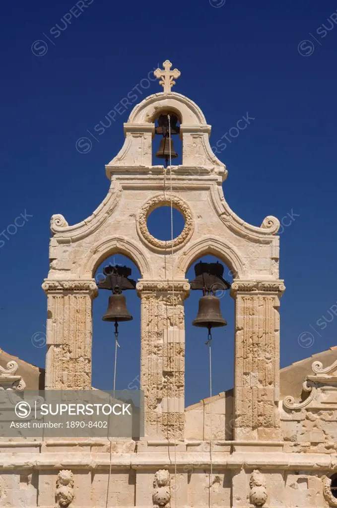 The ornate Venetain belltower of the Arkadhi Monastery Moni Arkadhi, twenty_five miles from Rethymnon, Crete, Greek Islands, Greece, Europe