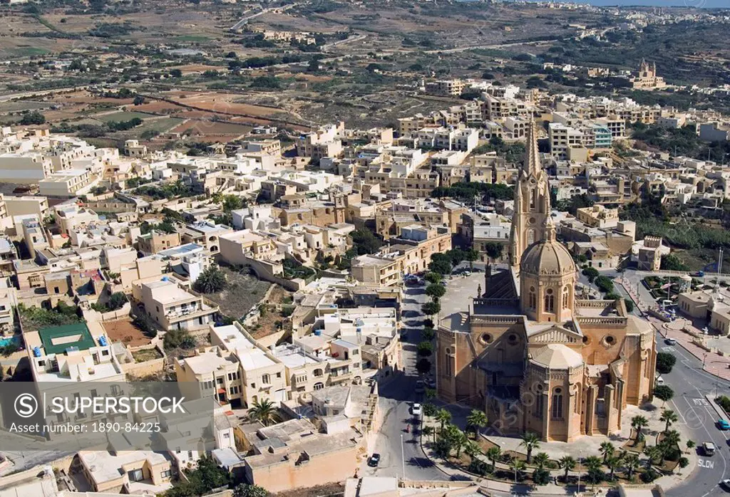 Aerial view of church of Ghajnsielem, Mgarr, Gozo Island, Malta, Europe