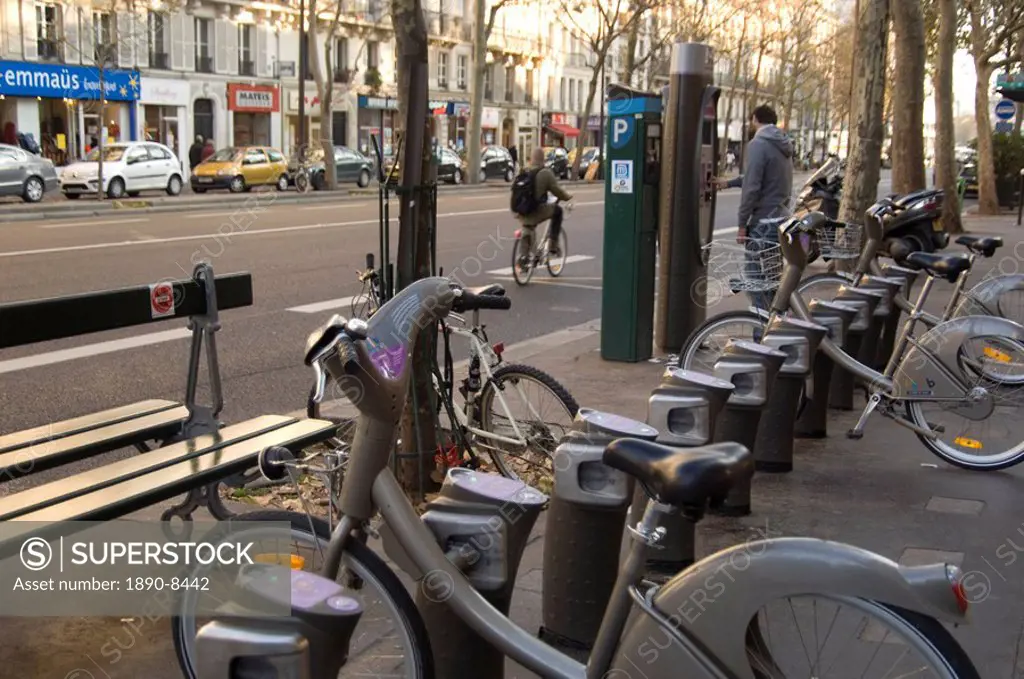 Velib public bicycles for rent on a Paris street, Paris, France, Europe
