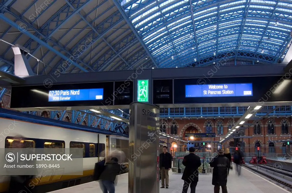 A Eurostar high speed train on the platform at St. Pancras station, London, England, United Kingdom, Europe