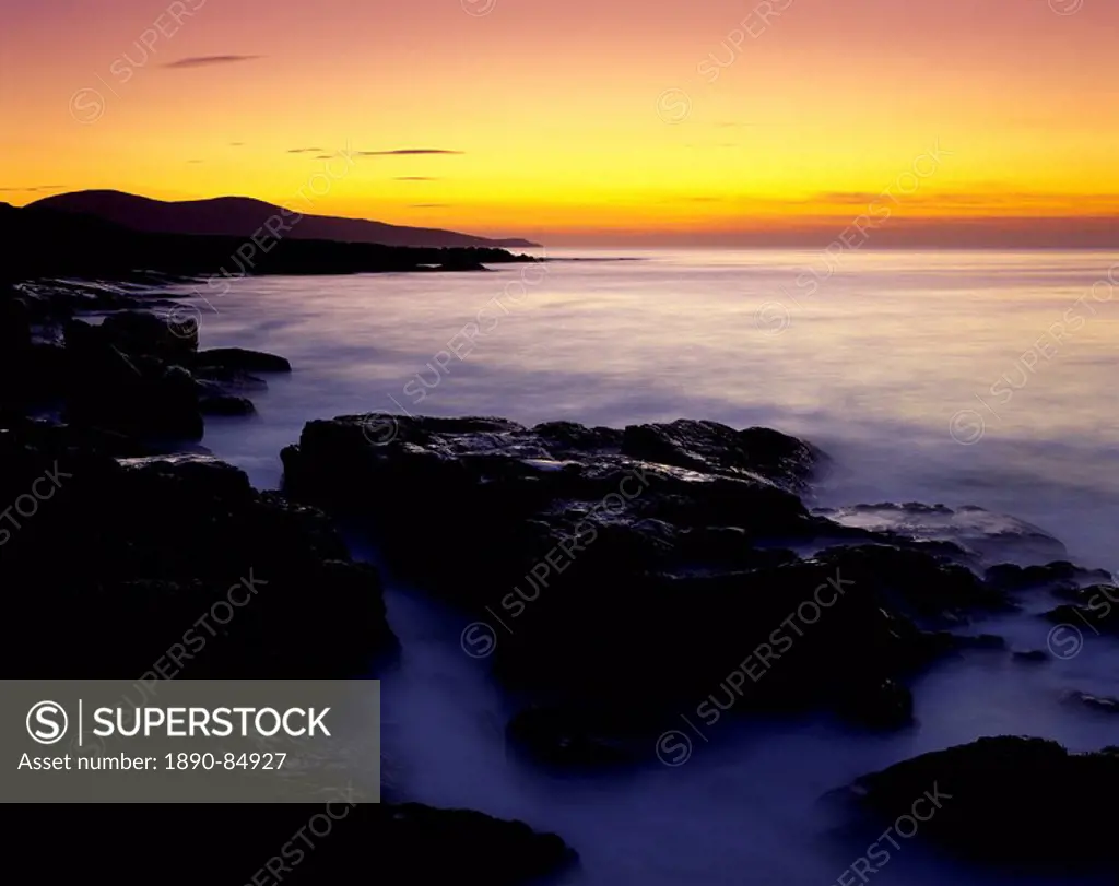 Sunset over the Sound of Taransay, South Harris, Harris, Outer Hebrides, Scotland, United Kingdom, Europe