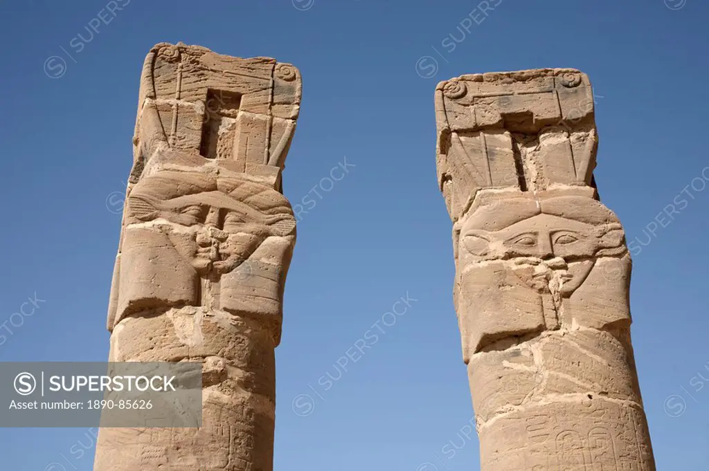 Carved pillars stand at the entrance to the Temple of Amun and the holy mountain of Jebel Barkal Gebel Barkal, Karima, Sudan, Africa