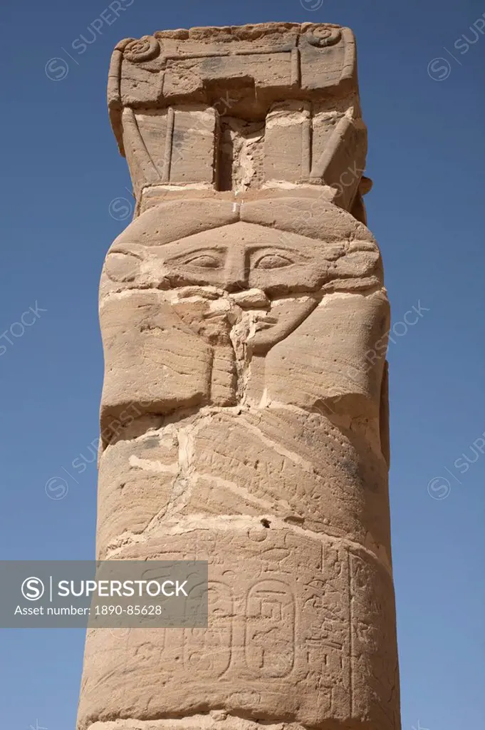 A carved pillar stands at the entrance to the Temple of Amun and the holy mountain of Jebel Barkal Gebel Barkal, Karima, Sudan, Africa