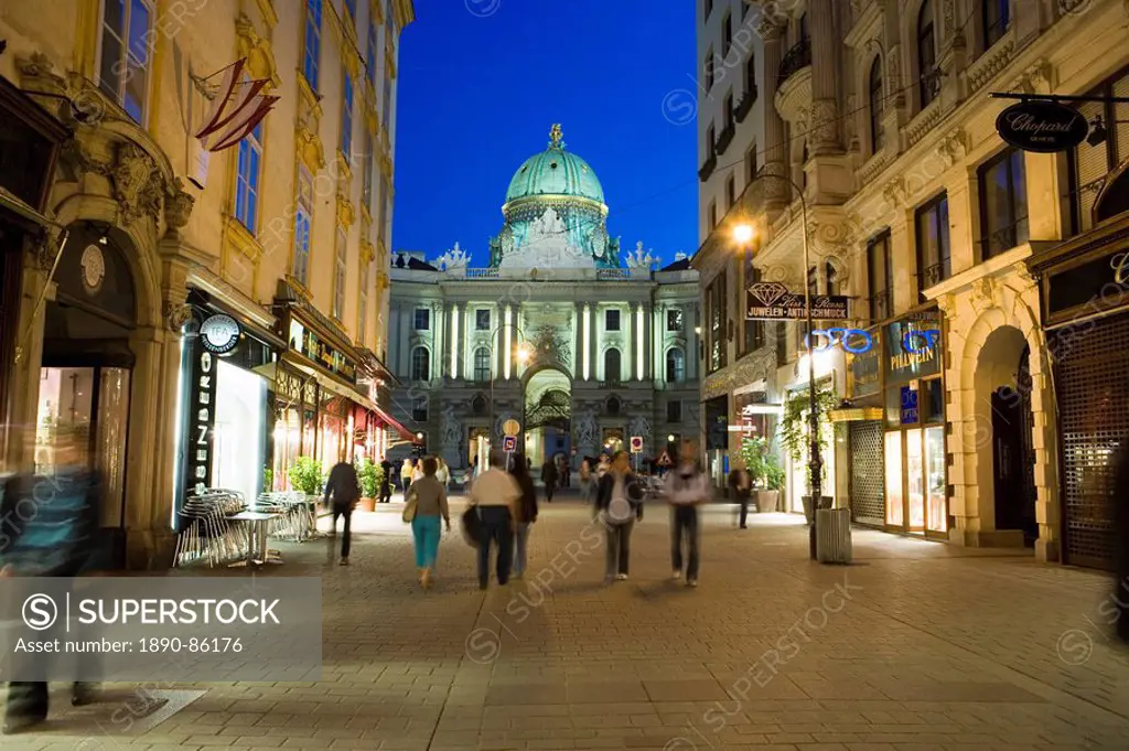 Kohlmarkt Street with Hofburg Complex in distance in evening light, Vienna, Austria, Europe
