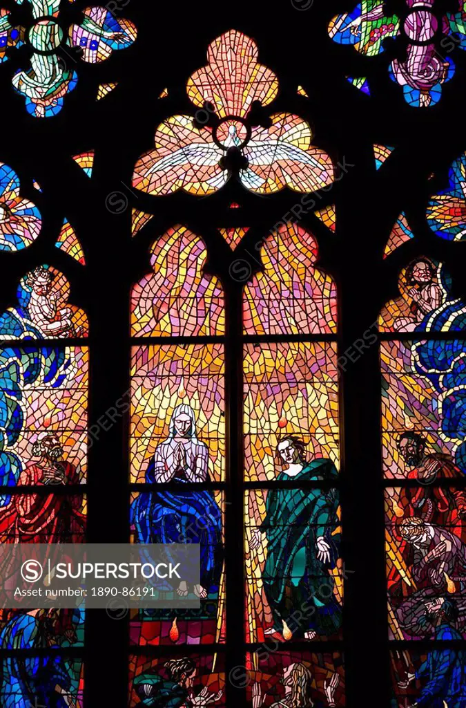 Stained glass window, St, Vitus´s Cathedral, UNESCO World Heritage Site, Prague, Czech Republic, Europe