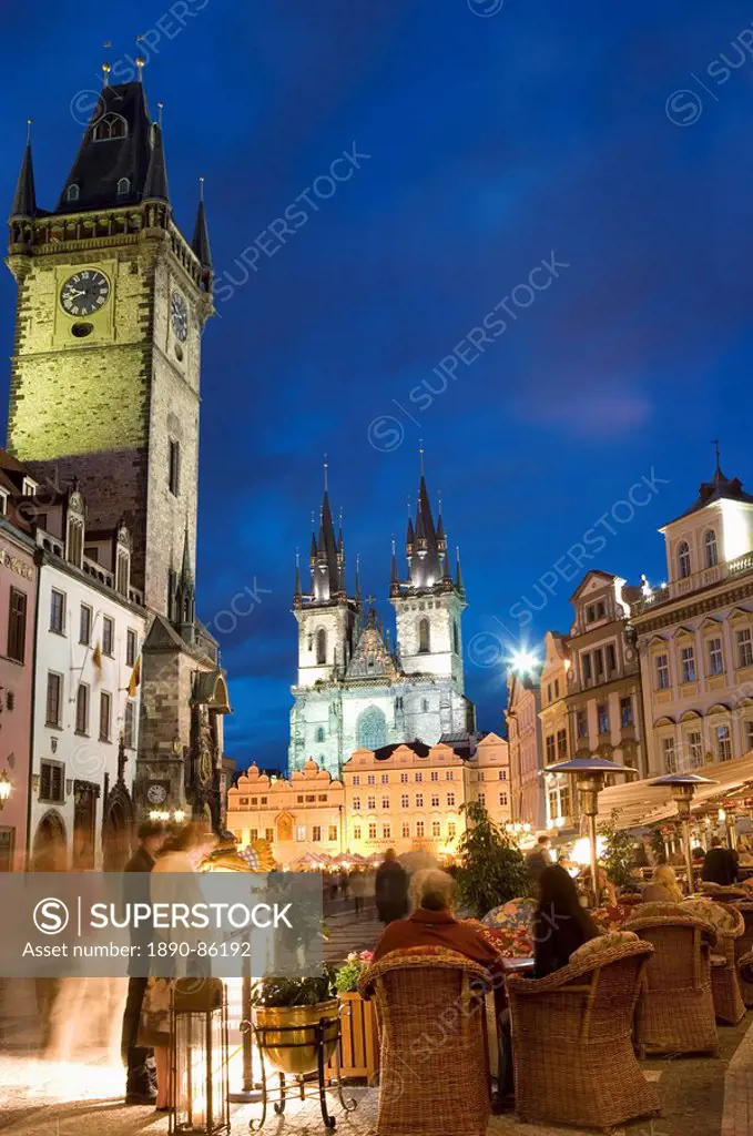 Cafe and Town Hall, Old Town Square and the Church of Our Lady before Tyn, Old Town, Prague, Czech Republic, Europe