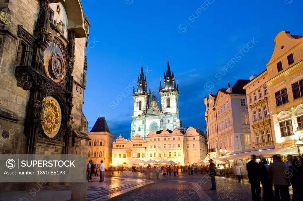 Astronomical clock, Old Town Square and the Church of Our Lady before Tyn, Old Town, Prague, Czech Republic, Europe