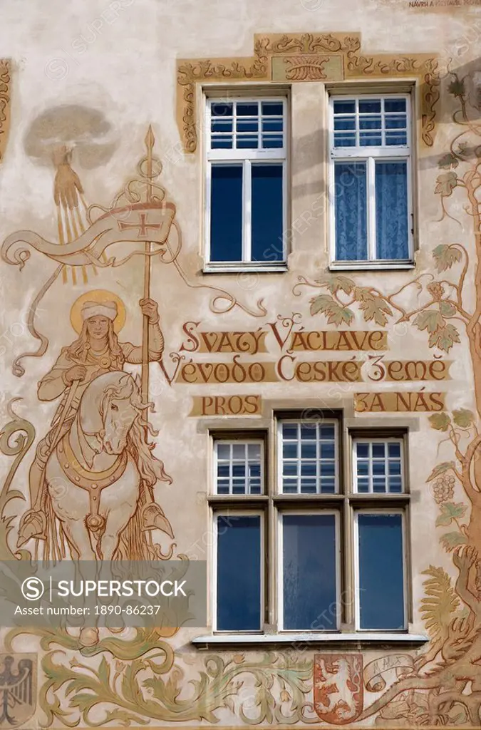 Mural of St. Wenceslas on horseback, Storch House, Old Town Square, Old Town, Prague, Czech Republic, Europe