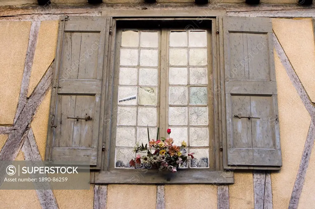 Shuttered window, half_timbered building, Place de la Couverts, Mirepoix, Ariege, Midi_Pyrenees, France, Europe