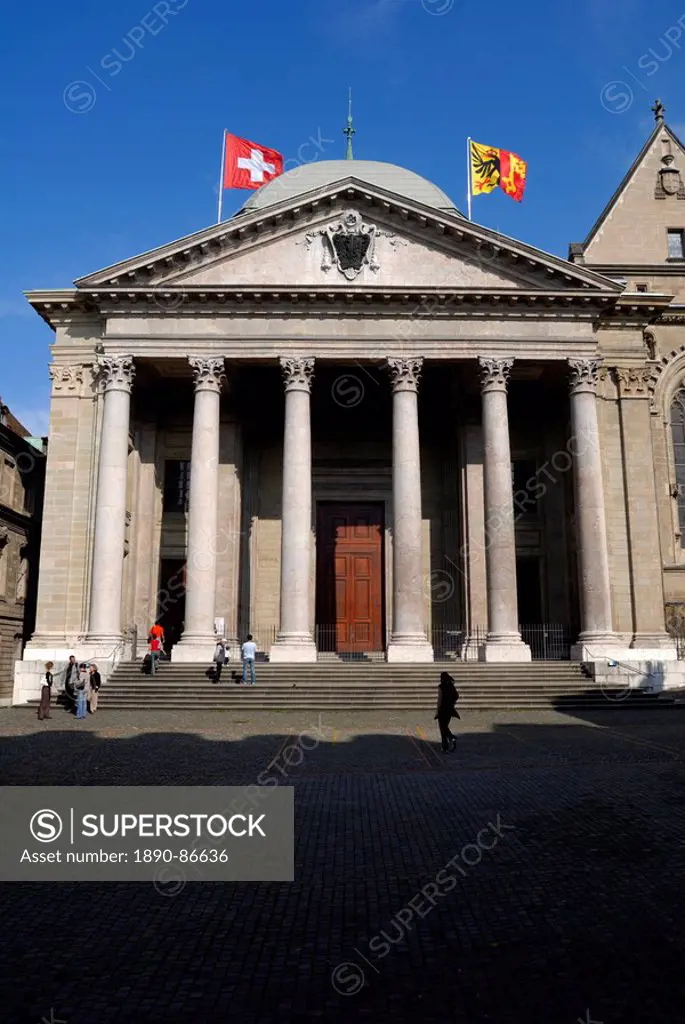 Front facade of St. Pierre Cathedral, old town, Geneva, Switzerland, Europe