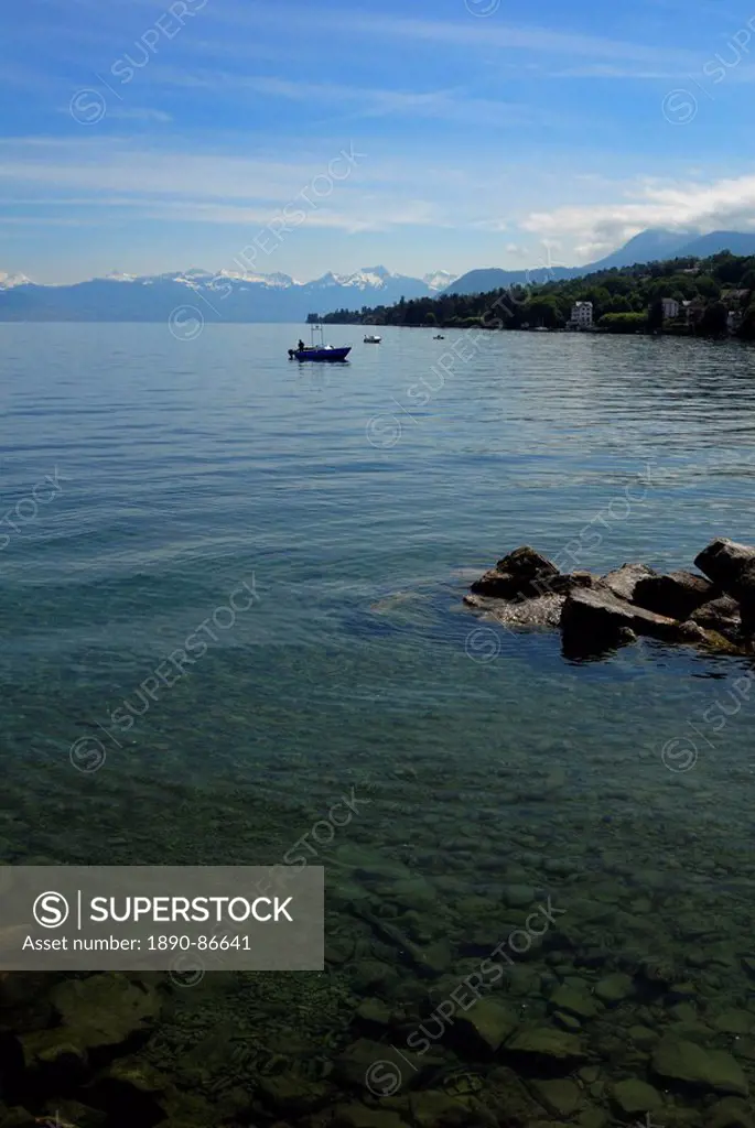 Boats on Lac Leman Lake Geneva, Evian_les Bains, Haute_Savoie, France, Europe